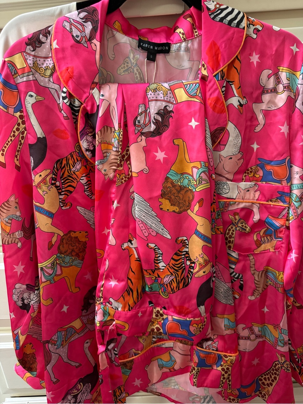 NWT Karen Mabon Hot Pink Animal Carousel two piece pajamas. Small